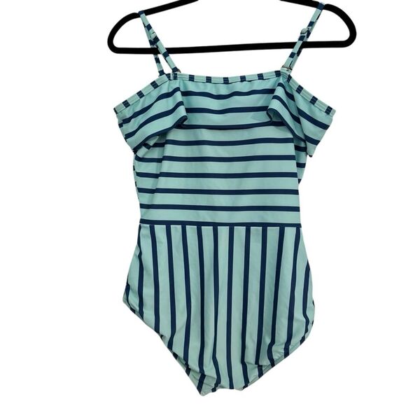 NWOT ModCloth Size MEDIUM Off the Shoulder Striped Blue One-Piece Swimsuit - Picture 2 of 7